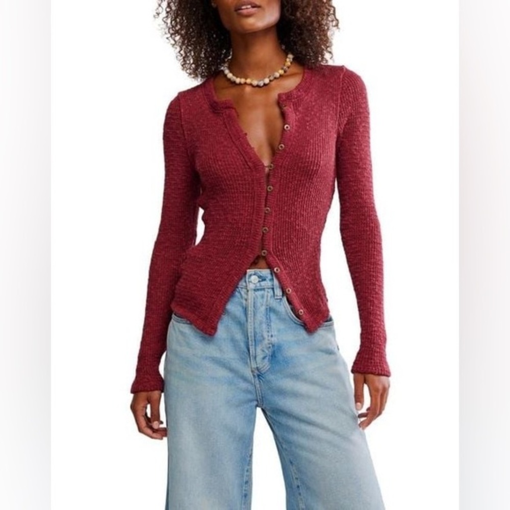 Free People It's On Ribbed Cardigan in Cabernet